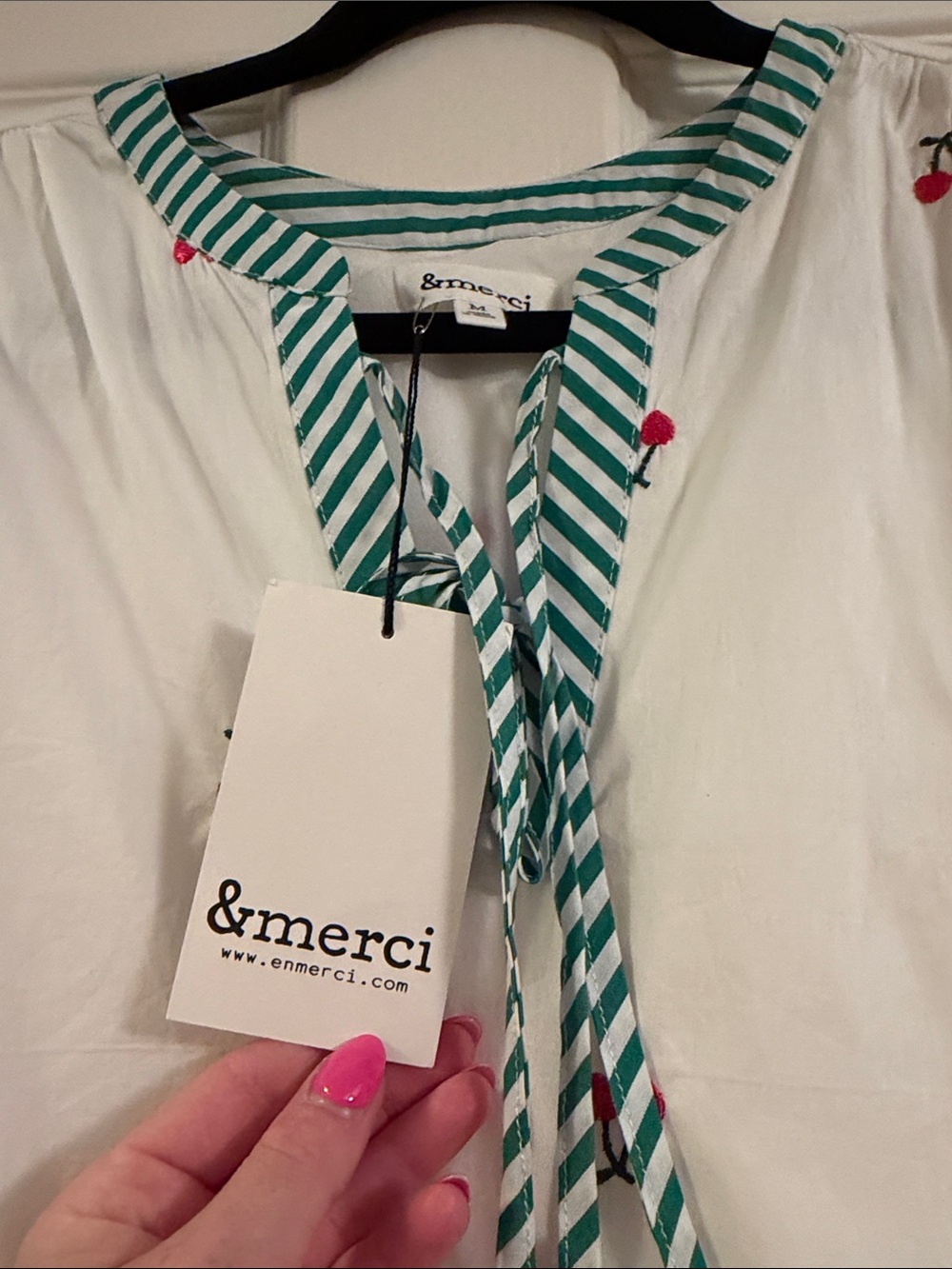 &moreci White Cotton Cherry-Embroidered Tiered Dress with Green Trim - Picture 3 of 4